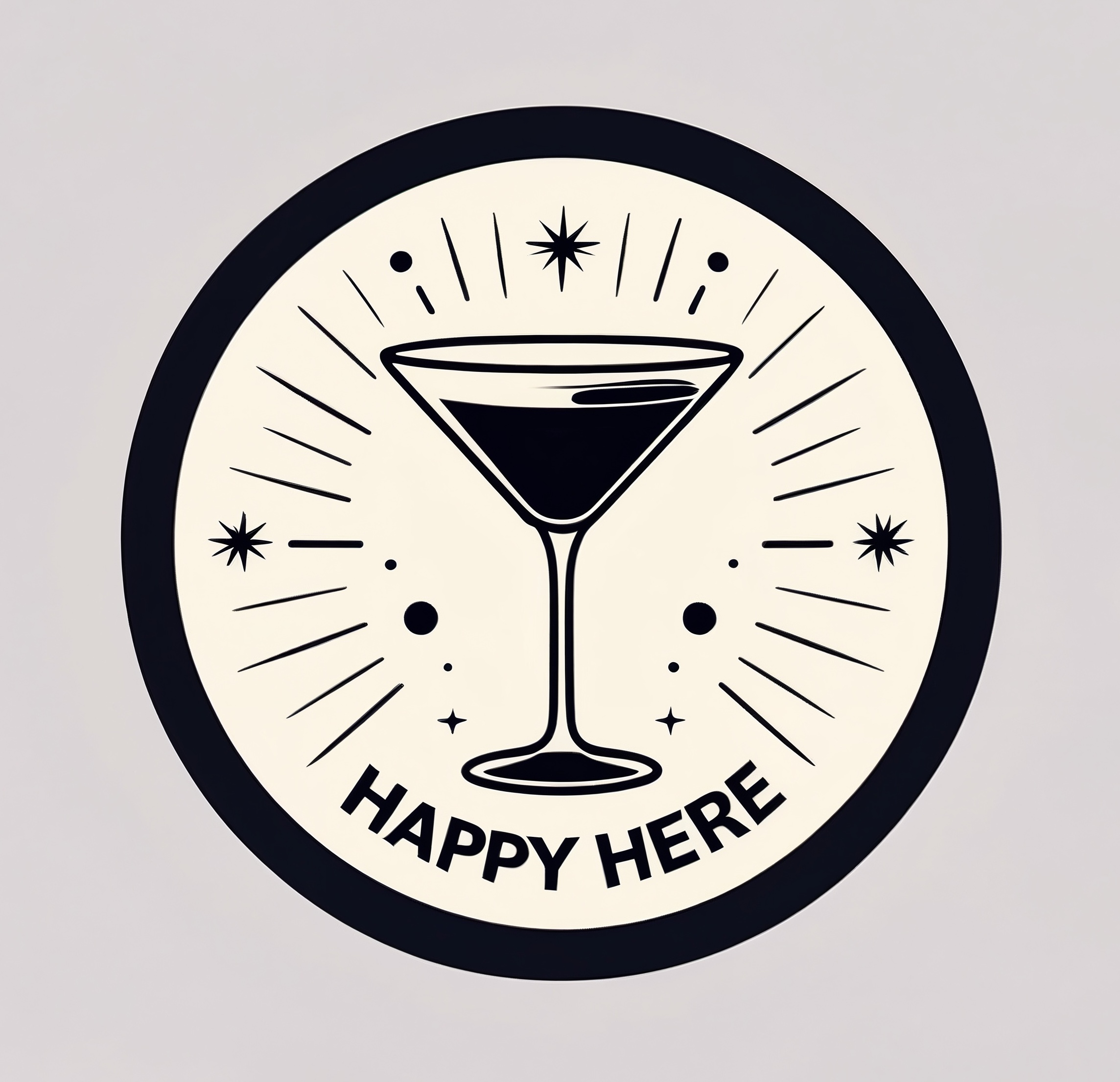 Happy Here logo with a happy hour drink